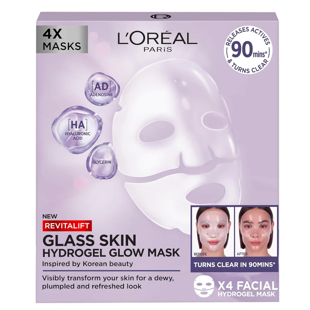 L'Oreal Paris Revitalift Filler Glass Skin Hydrogel Glow Sheet Mask 4 x 37g