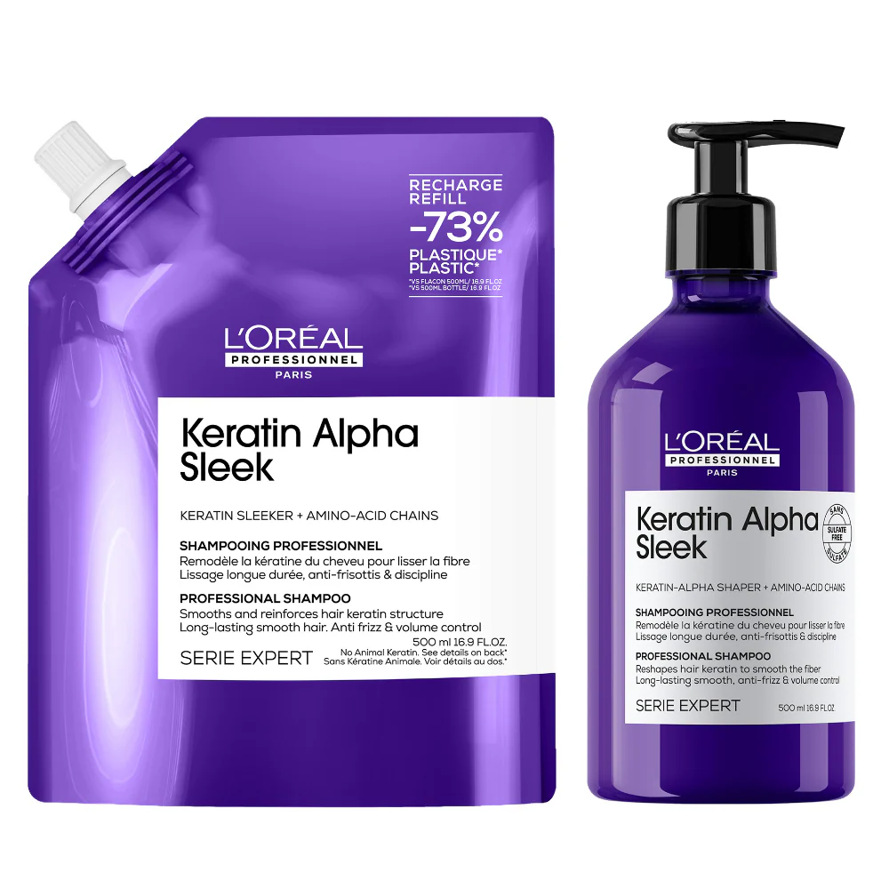 L'Oreal Professionnel Serie Expert Keratin Alpha Sleek Shampoo 500ml & Refill Pouch 500ml Twin