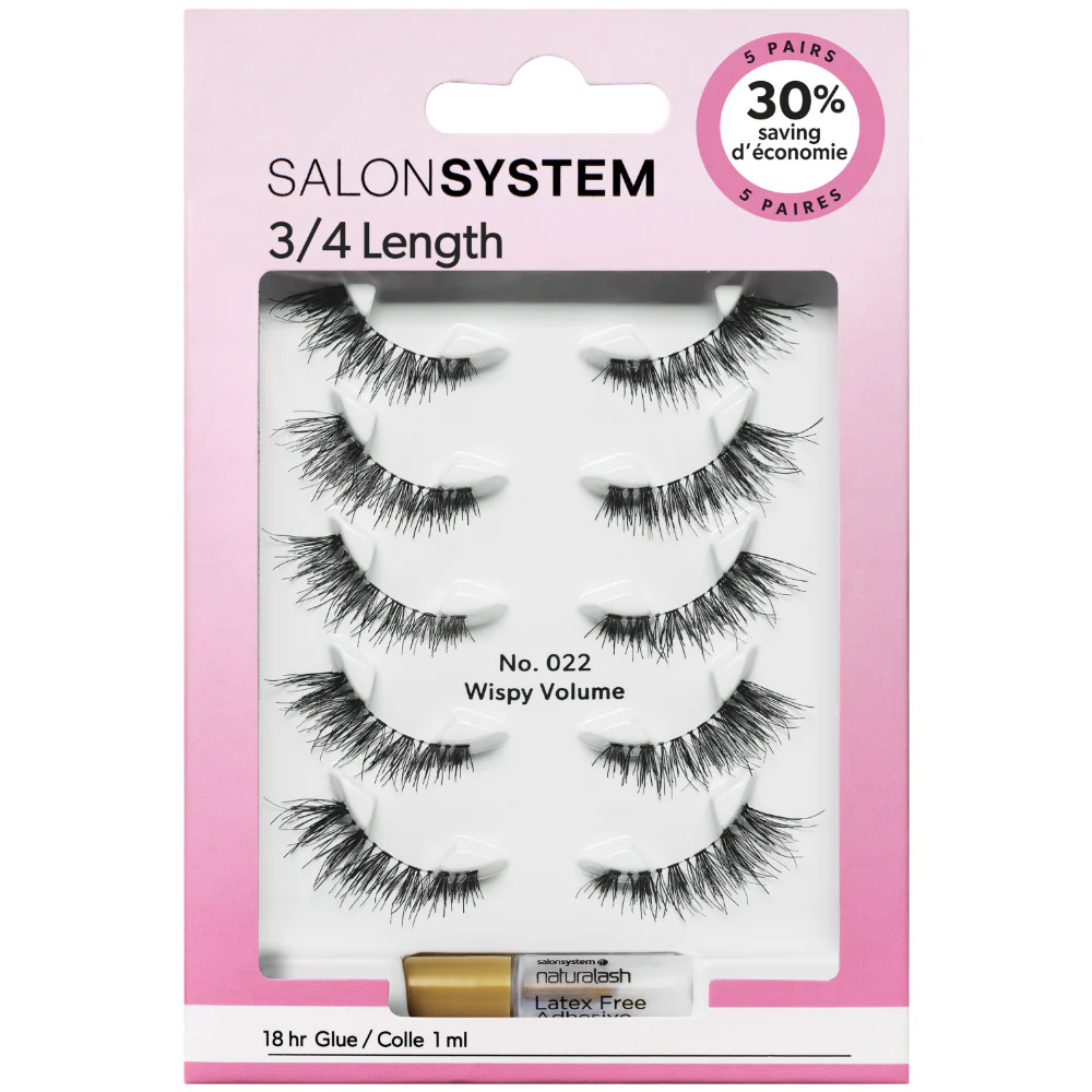 Salon System 3/4 Length Wispy Volume Strip Lashes Black 022 5 Pack