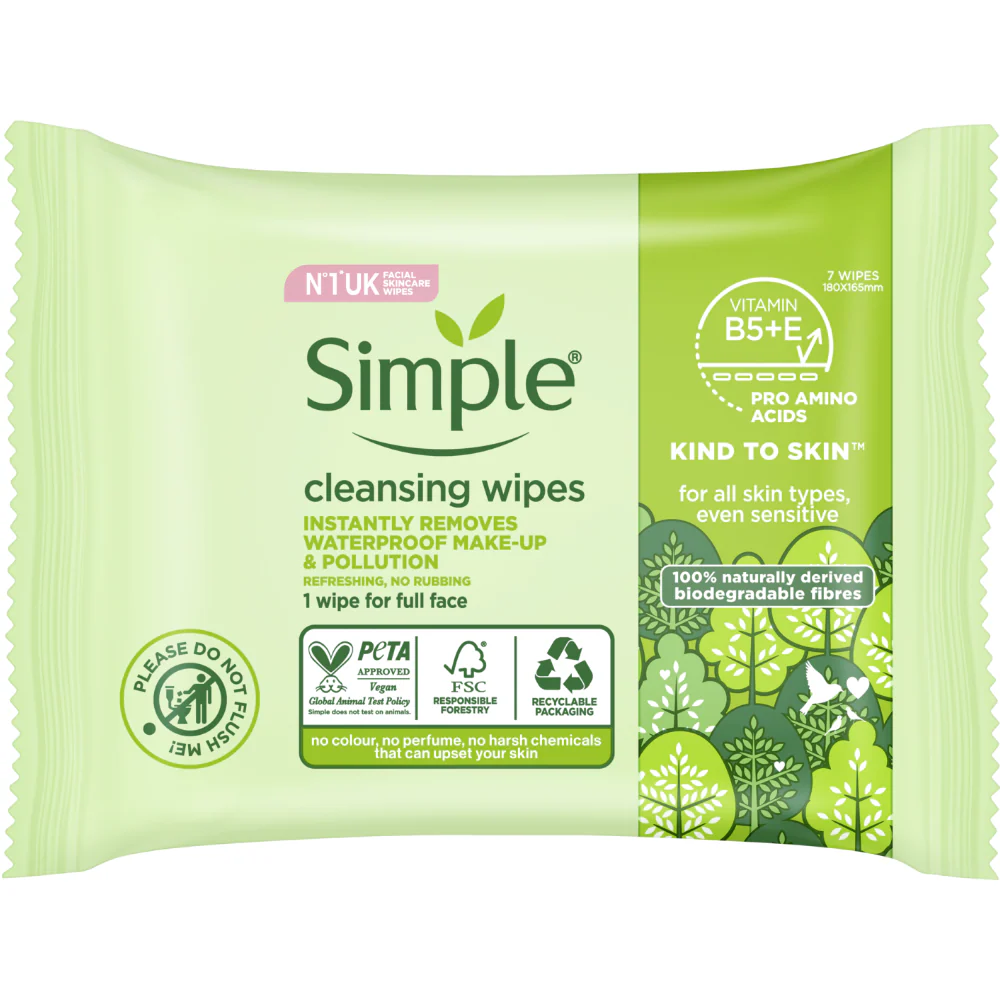 Simple Kind To Skin Cleansing Biodegradable Face Wipes Pack of 7