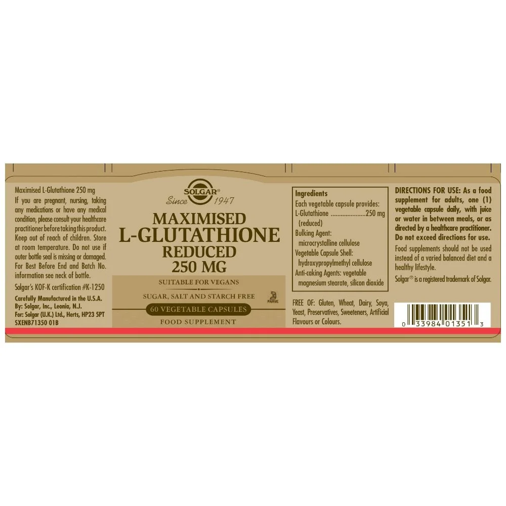 Solgar Maximised L-Glutathione Reduced 250 mg 60 Vegetable Capsules - Image 2
